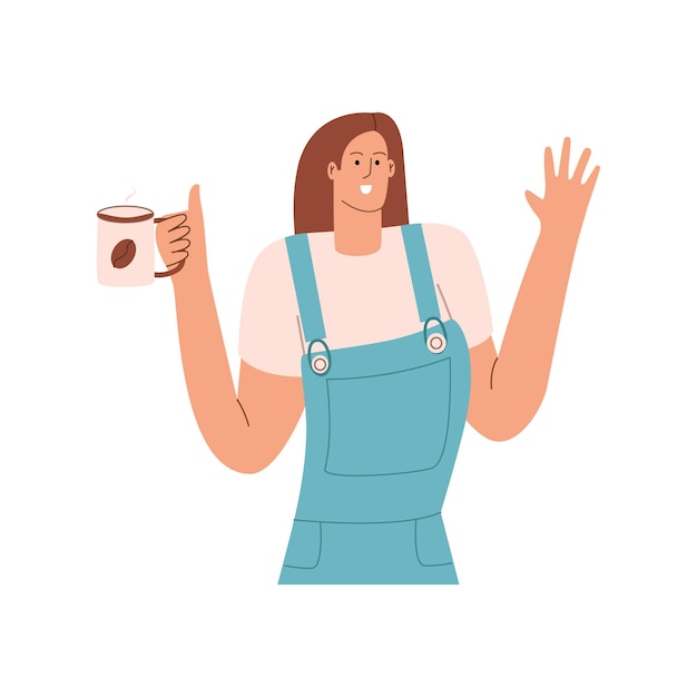 The girl with a mug of hot coffee shows a gesture of greeting. Vector illustration in flat style
