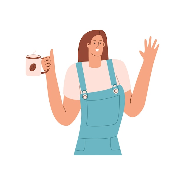 The girl with a mug of hot coffee shows a gesture of greeting. vector illustration in flat style