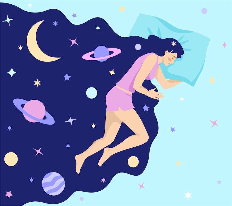 वेक्टर girl with night dream universe woman universe in hair modern flat character woman character in dream abstract astrology concept