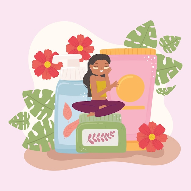 Vector girl with organic products for skin