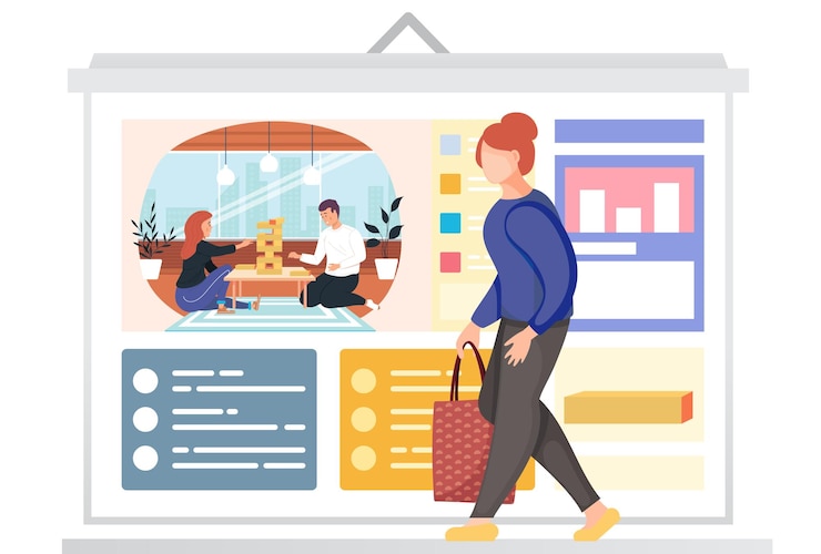 Vector a girl with a package in her hands goes shopping poster depicting a playing couple on the background young people with jenga spend time together in the apartment female character goes to the store