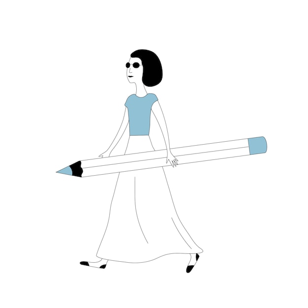 Girl with a pencil minimalistic outline illustration simple character in solid colors on a white background