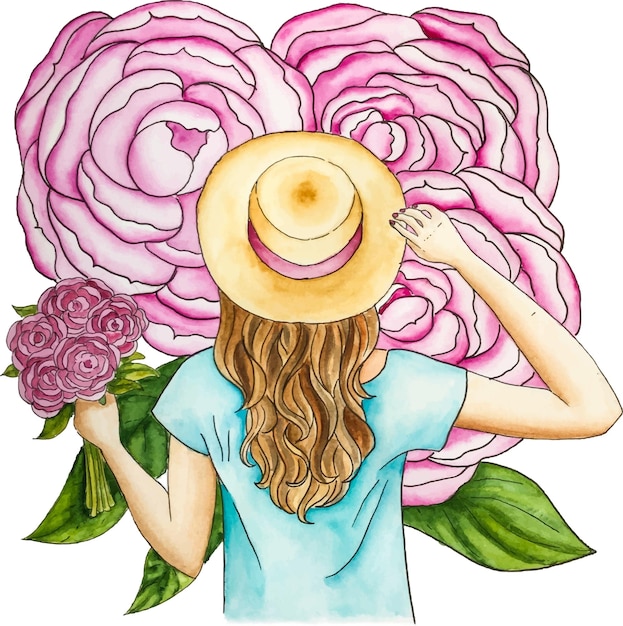 Vector girl with peonies watercolor