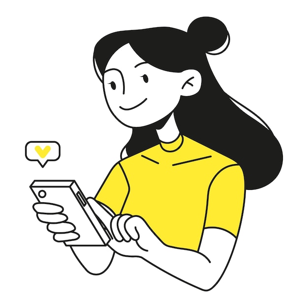 Vector girl with phone, checks notifications on the phone