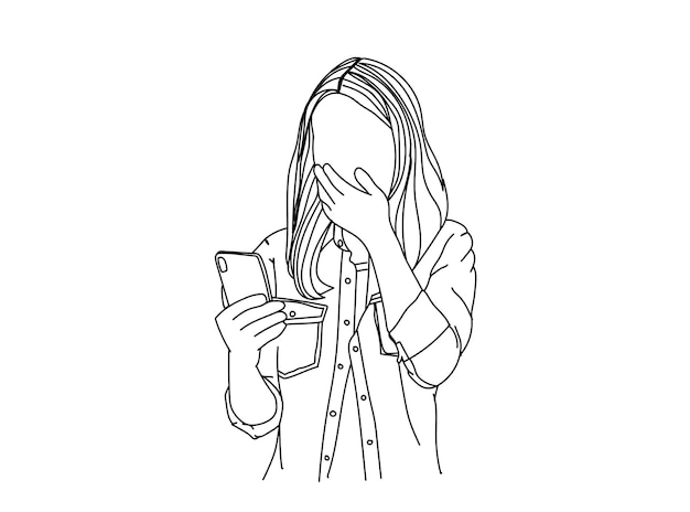 Girl with phone line art drawing