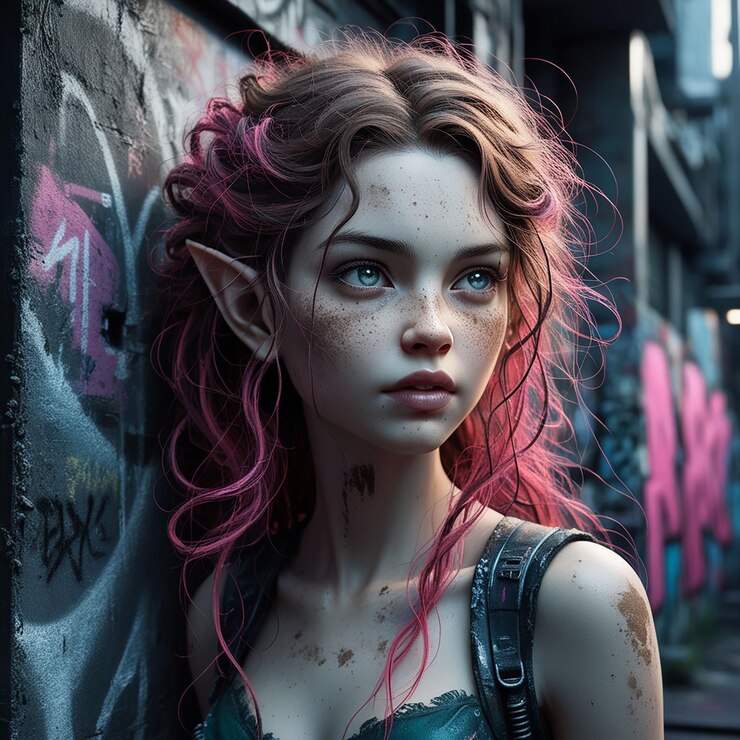 Vector a girl with pink hair and a green and purple hair is standing in front of a graffiti wall