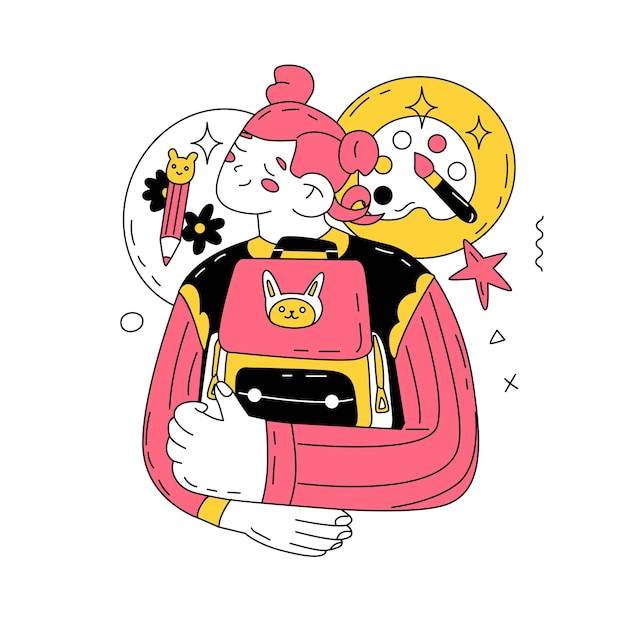 A girl with pink hair hugs her school bag and dreams about drawing classes Creative professions School university or college Vector illustration