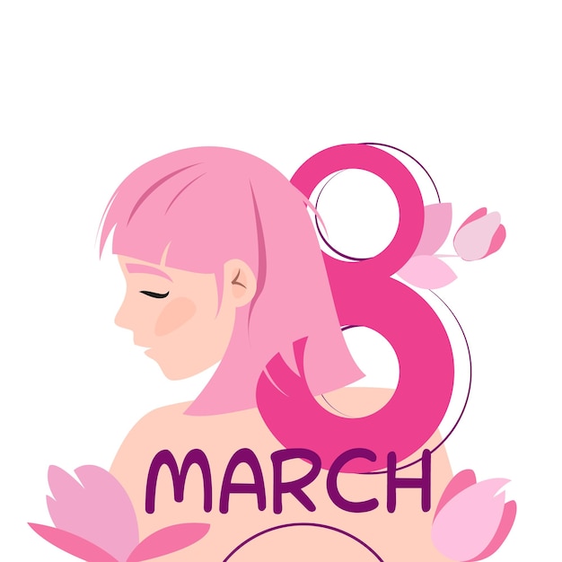 Una ragazza con i capelli rosa 8 marzo grafica vettoriale