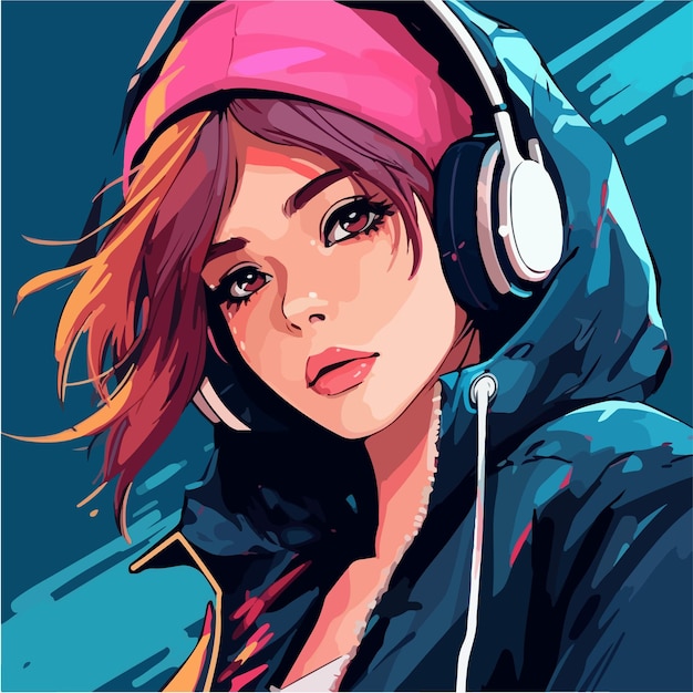 A girl with a pink hat and headphones on