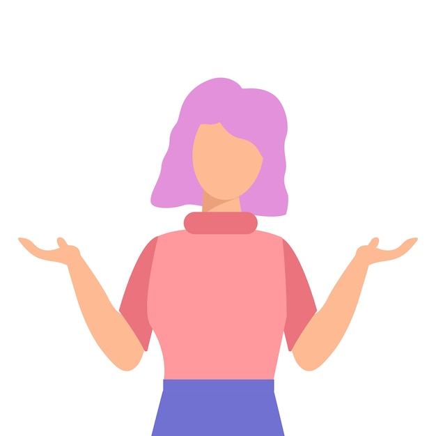 La ragazza con i capelli rosa o viola alza le spalle o dice oops, non lo so. illustrazione vettoriale.