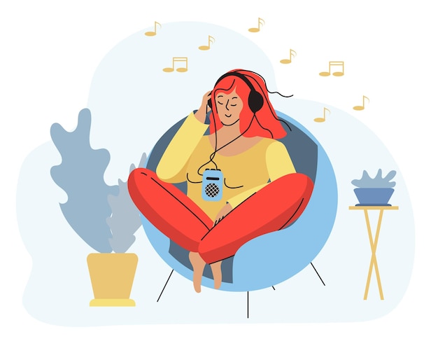 A girl with a player sits in a cozy chair, listening to music. vector illustration.
