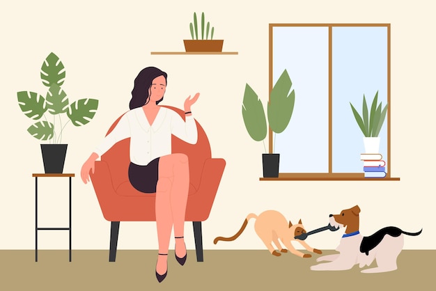 Vector girl with playing cat and dog pet friends young woman pet owner sitting in chair