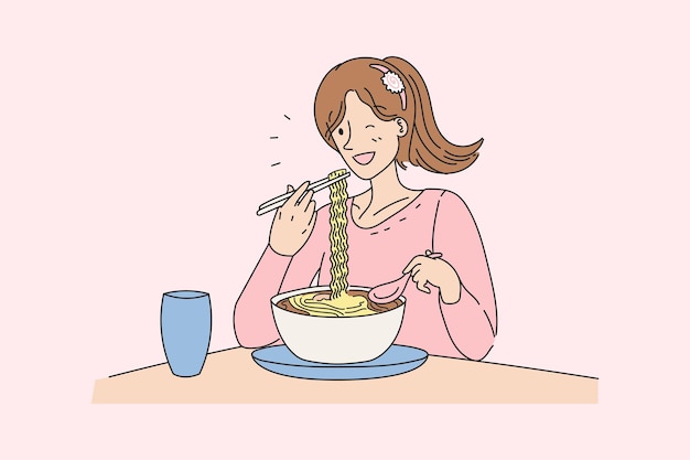 ポニーテールの髪型の女の子は、ボウルフラットベクトル漫画イラストピンク色で麺を食べる