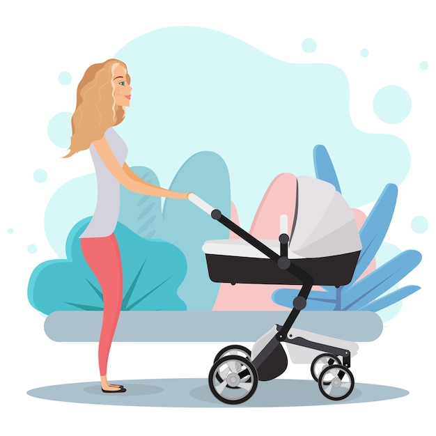 Vector girl with a pram. mom with a stroller for children. blonde, mom, baby stroller.