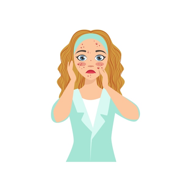 Vector girl with problematic skin and pimples looking at herself unhappy face