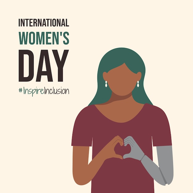 Girl with prosthesis or disability on InspireInclusion International Womens Day poster Woman fold her bionic mechanism hands as heart IWD 2024 Minimalist postcard with Inspire Inclusion slogan