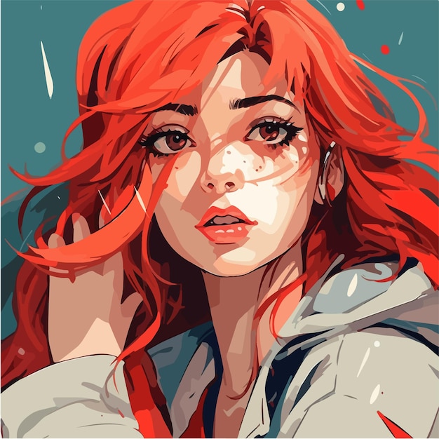 A girl with red hair and freckles is looking at the camera.