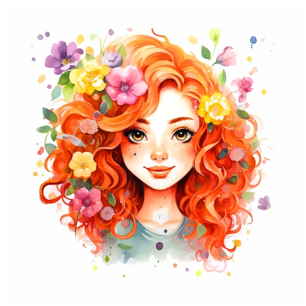 꽃 수채화 페인트와 빨간 머리를 가진 소녀