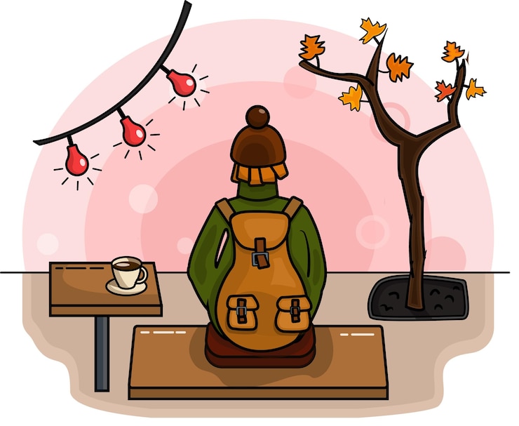 Vector girl with a sack sitting ouside drinking coffee autumn landscape warm cozy atmosphere