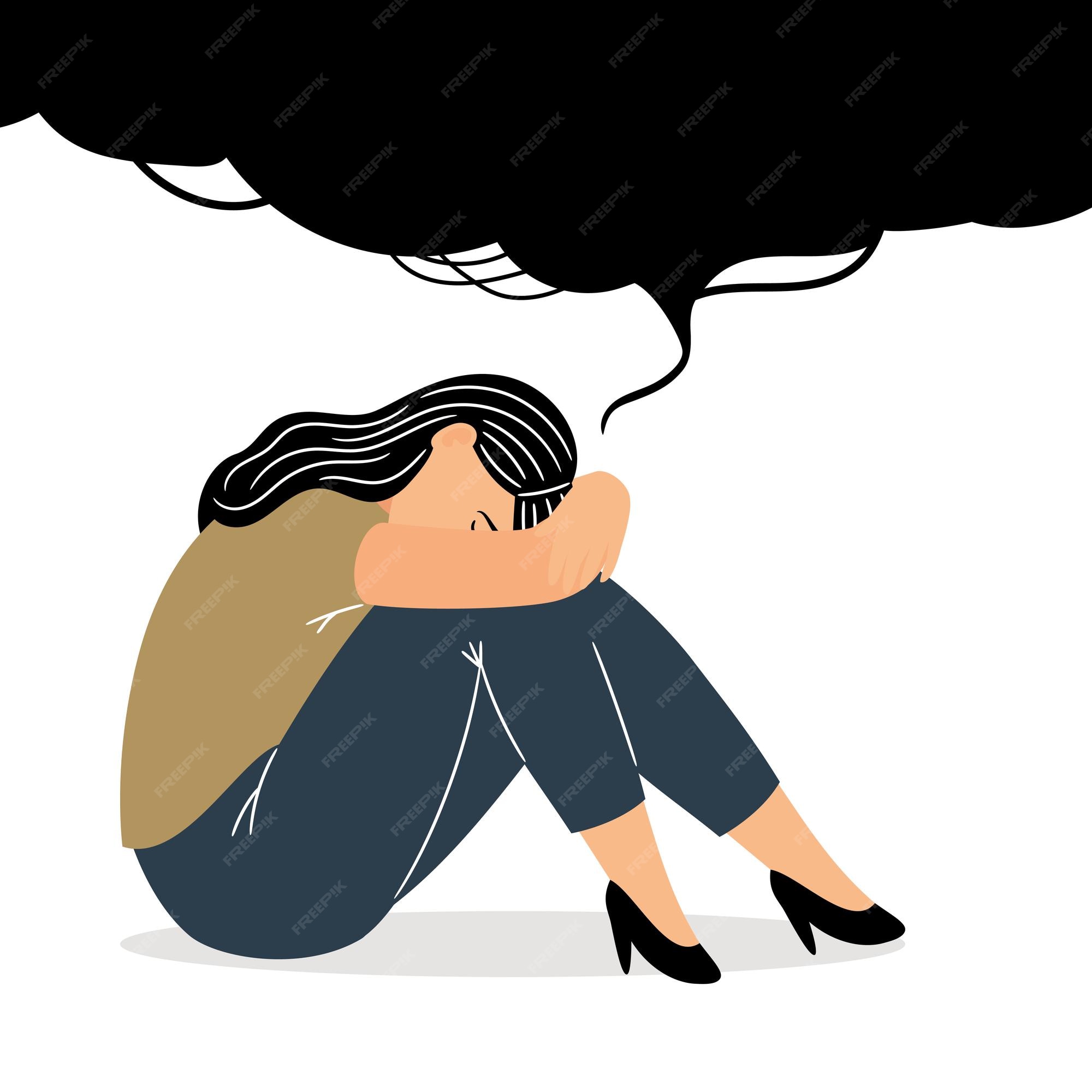 Premium Vector | Girl with sad thoughts. cartoon melancholic gloomy woman with sad feeling in adolescence, vector illustration concept of emotional depression thinking isolated on white background Premium Vector | Girl with sad thoughts. cartoon melancholic gloomy woman with sad feeling in adolescence, vector illustration concept of emotional depression thinking isolated on white background