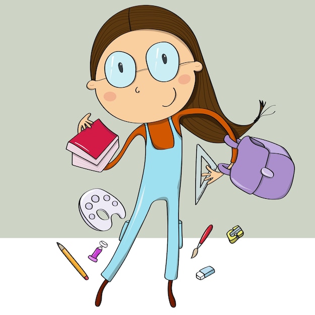 Vector girl with school supplies getting ready for school