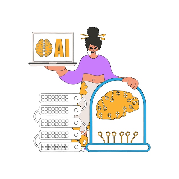 Girl with server, powered by artificial intelligence. Vector illustration.