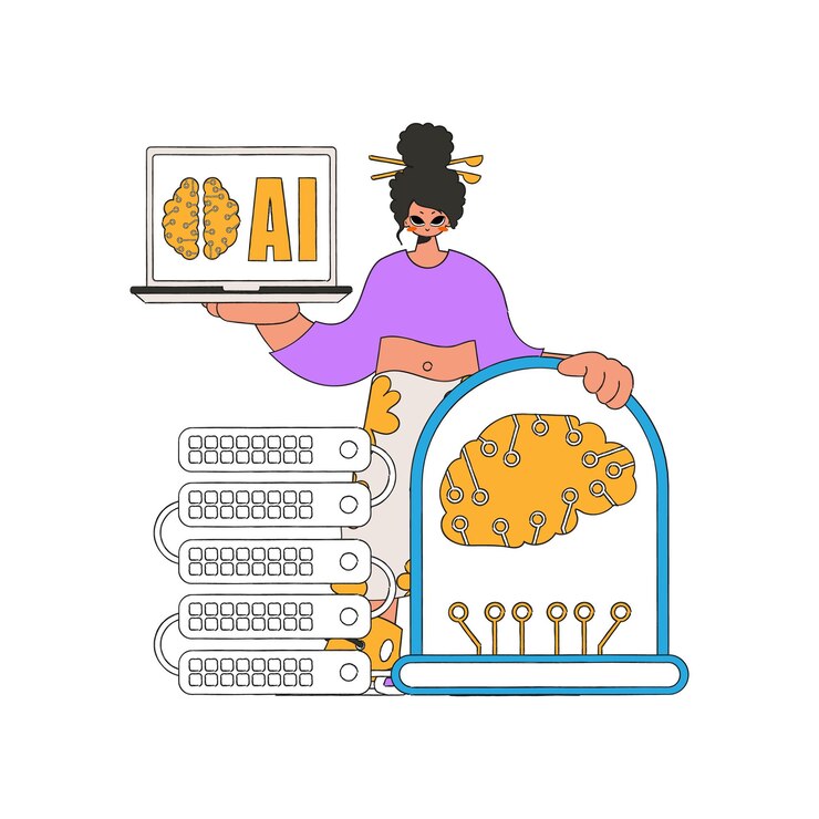 Vector girl with server, powered by artificial intelligence. vector illustration.