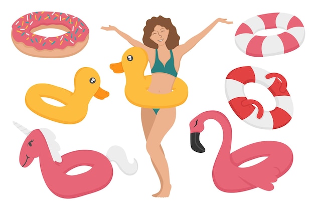 Vector girl with a set of beach circles for swimming. doodle flat clipart. all objects are repainted.