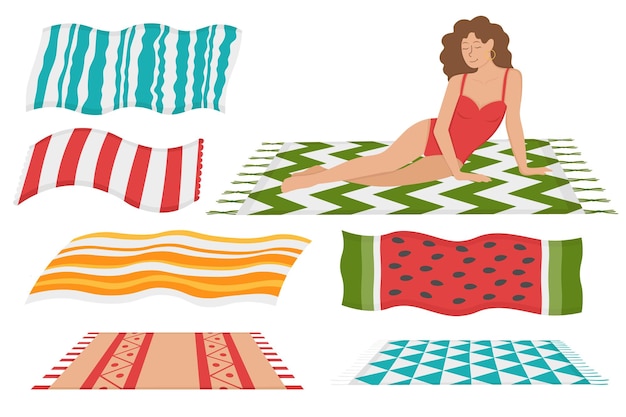 Girl with a set of beach towels for sunbathing. doodle flat clipart. all objects are repainted.