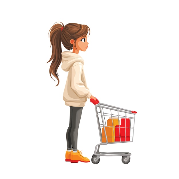 Vector girl with shopping cart shopping flat illustration isolated on white background concept