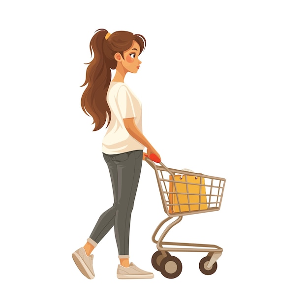 Girl with shopping cart shopping flat illustration isolated on white background concept