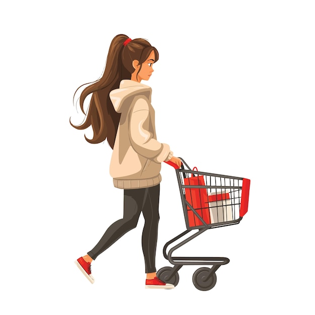 Vector girl with shopping cart shopping flat illustration isolated on white background concept