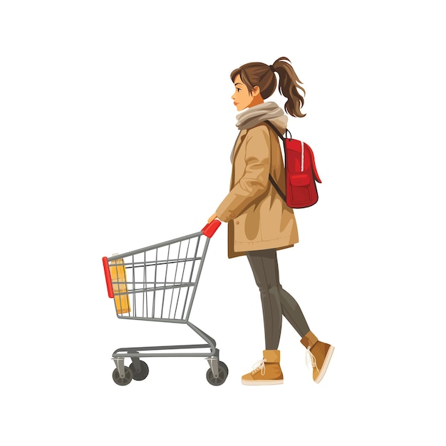 Girl with shopping cart shopping flat illustration isolated on white background concept