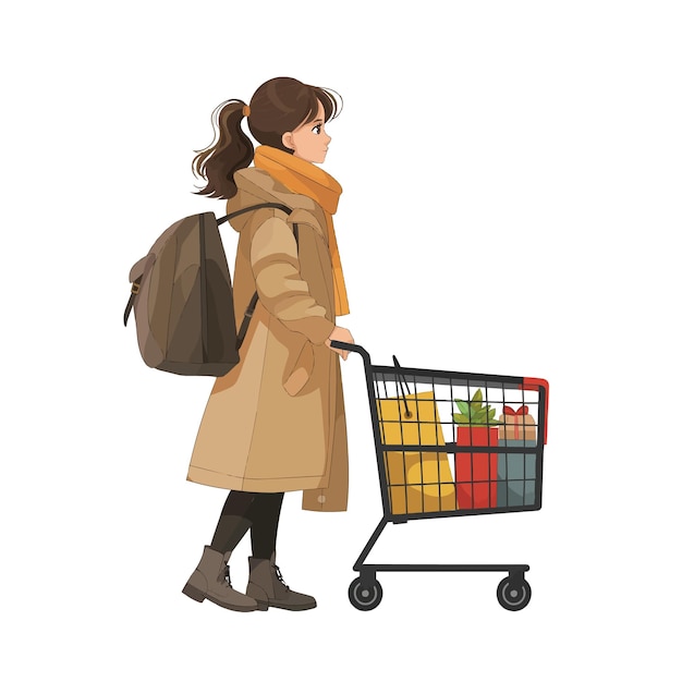 Vector girl with shopping cart shopping flat illustration isolated on white background concept