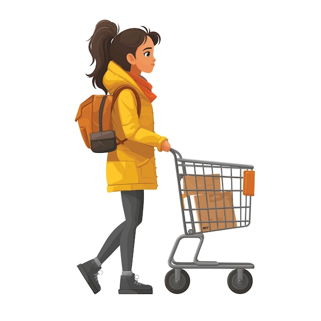 Girl with shopping cart shopping flat illustration isolated on white background concept