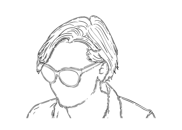 Girl with short hair in glasses and a shirt man linear cartoon coloring book