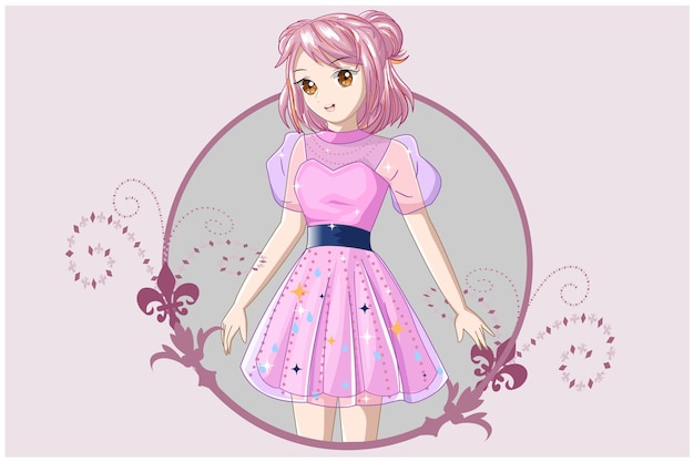 A girl with short pink hair wearing a pink dress