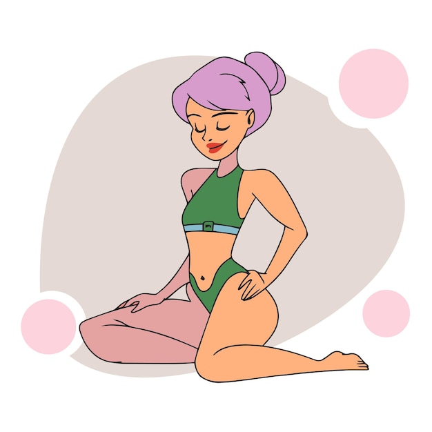 Vector a girl with a slim figure on the beach in a swimsuit sunbathes