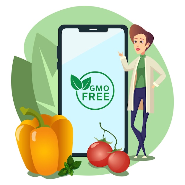 A girl with a smartphone recommends nonGMO products Vegetables peppers tomatoes healthy eating