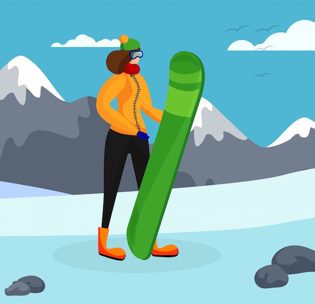 Ragazza con lo snowboard in posa sullo sfondo di montagne