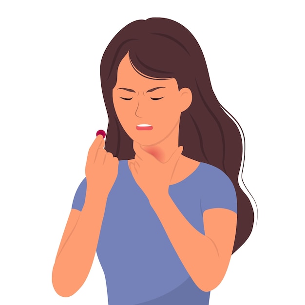 Девушка с болью в горле с таблеткой для векторной иллюстрации рассасывания