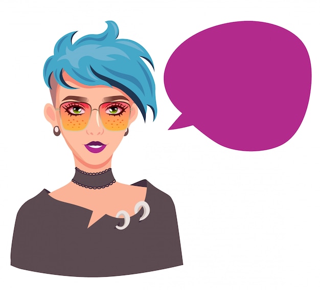 Girl with speech bubble, blue haired teenage girl in fashion sunglasses speak banner, illustration cartoon style.