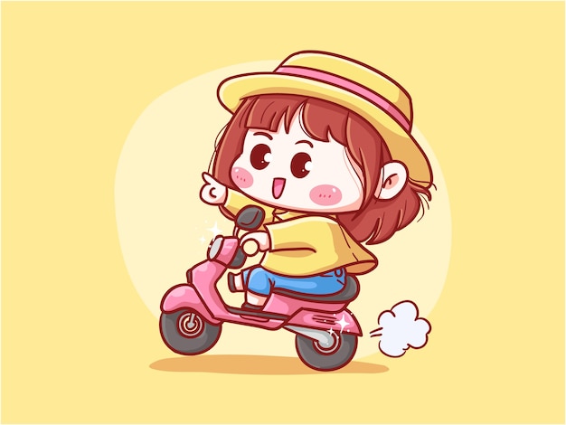 Девушка в соломенной шляпе на скутере для доставки Kawaii Illustration