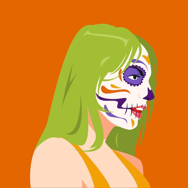 girl with sugar skull face makeup for day of the dead halloween in profile side view vector art