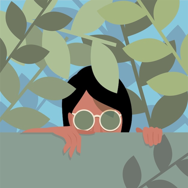 Girl with sunglasses among the leaves peeking behind the wall