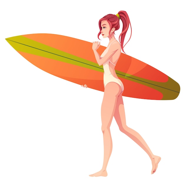 서핑 보드를 가진 소녀 야외 활동을하는 소녀의 여름 해변 그림