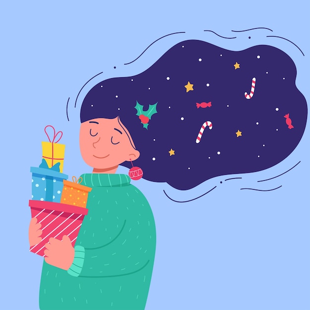 Vector girl with sweets and stars in hair is carrying gifts