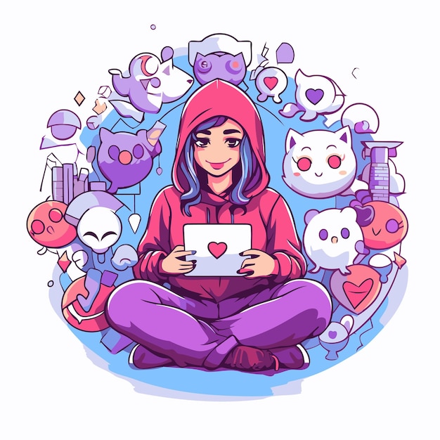 Vector girl with tablet computer vector illustration in doodle style