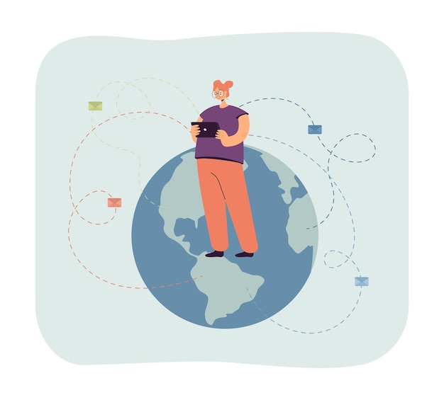 Girl with tablet sending messages around world. female character in front of globe flat vector illustration. global or international communication, network concept for banner or landing web page