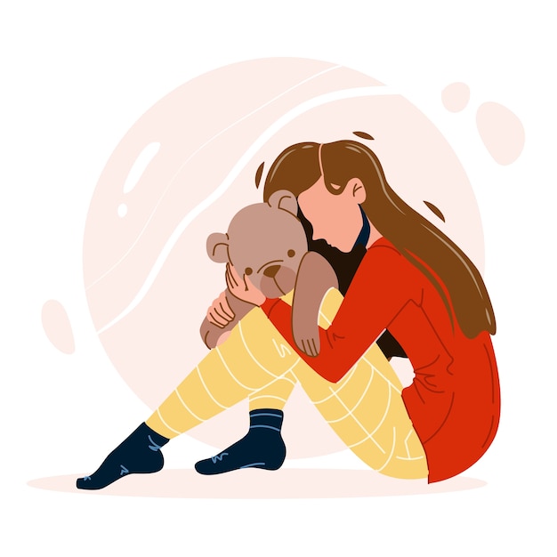 Girl With Trauma Embracing Teddy Bear Toy